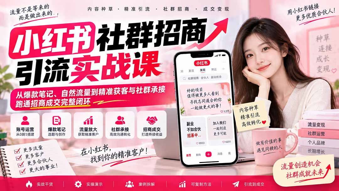 小红书社群招商引流实战课-无水印:从爆款笔记、自然流量到精准获客与社群承接,跑通招商成交完整闭环-小艾项目网
