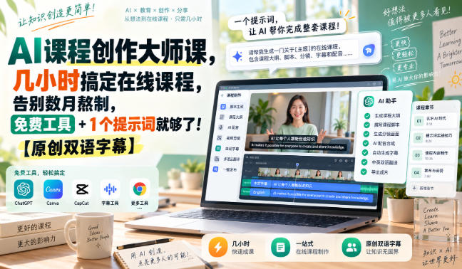 AI课程创作大师课，几小时搞定在线课程，告别数月熬制，免费工具+1个提示词就够了！【原创双语字幕】-小艾项目网