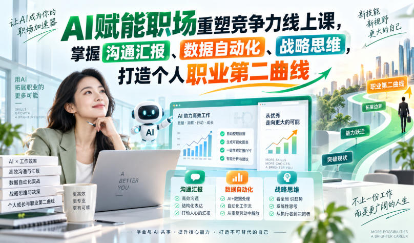 AI赋能职场重塑竞争力线上课，掌握沟通汇报、数据自动化、战略思维，打造个人职业第二曲线-小艾项目网