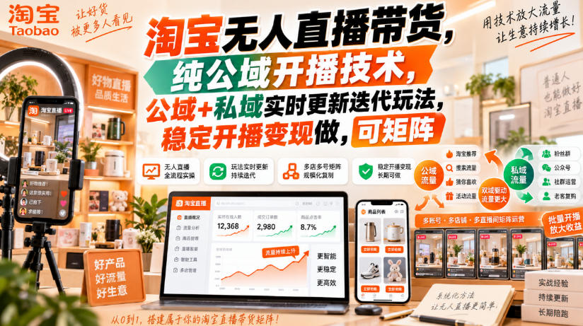 淘宝无人直播带货，纯公域开播技术，公域+私域实时更新迭代玩法，稳定开播变现做，可矩阵【揭秘】-小艾项目网