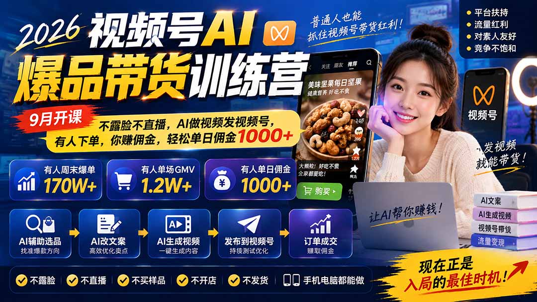 图片[1]-2026视频号AI爆品带货训练营-9月开课｜不露脸不直播，AI做视频发视频号，有人下单，你赚佣金，轻松单日佣金1000+-副业网创