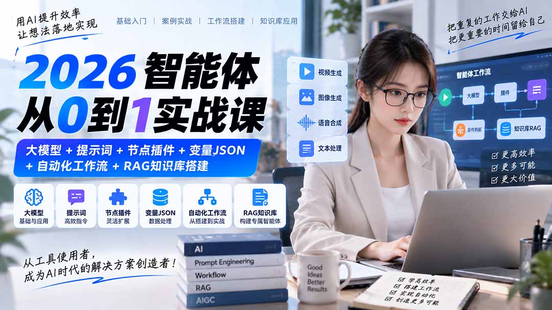 2026智能体从0到1实战课|大模型+提示词+节点插件+变量JSON+自动化工作流+RAG知识库搭建-小艾项目网