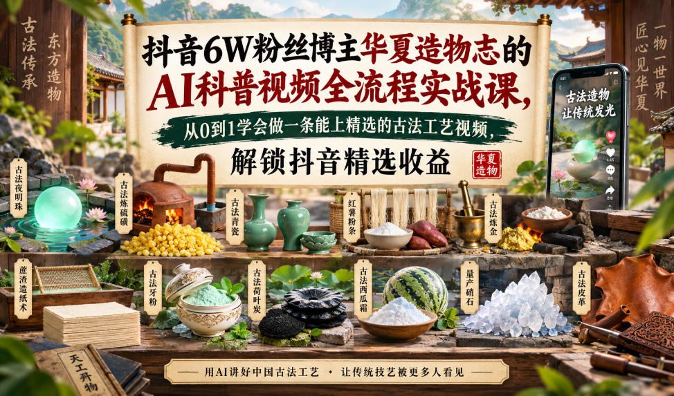 抖音6W粉丝博主华夏造物志的AI科普视频全流程实战课，从0到1学会做一条能上精选的古法工艺视频，解锁抖音精选收益-小艾项目网