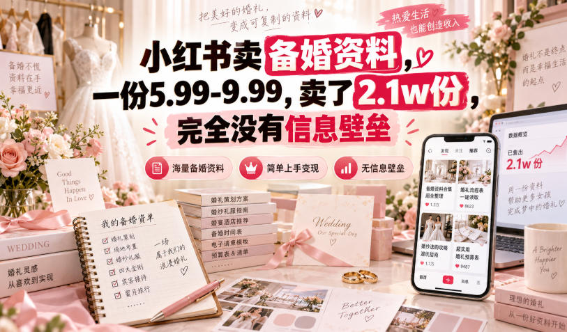 小红书卖备婚资料，一份5.99-9.99，卖了2.1w份，完全没有信息壁垒-小艾项目网