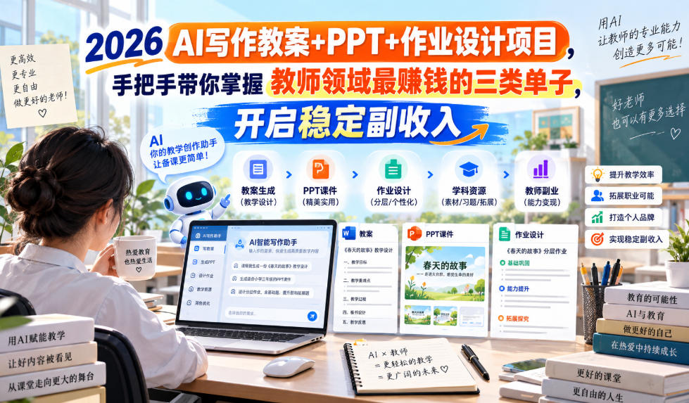 2026 AI写作教案+PPT+作业设计项目，手把手带你掌握教师领域最賺钱的三类单子，开启稳定副收入-小艾项目网