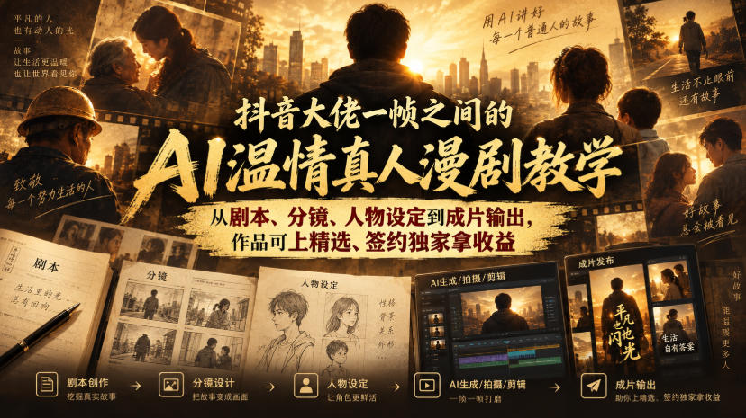 抖音大佬一帧之间的AI温情真人漫剧教学，从剧本、分镜、人物设定到成片输出，作品可上精选、签约独家拿收益-小艾项目网
