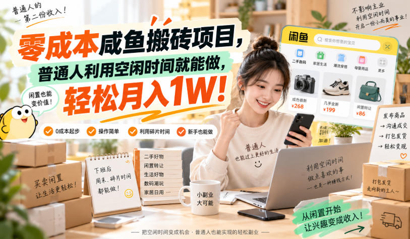 零成本咸鱼搬砖项目，普通人利用空闲时间就能做，轻松月入1W！【揭秘】-小艾项目网