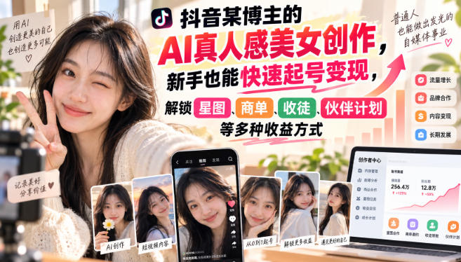 抖音某博主的AI真人感美女创作，新手也能快速起号变现，解锁星图，商单，收徒，伙伴计划等多种收益方式-小艾项目网