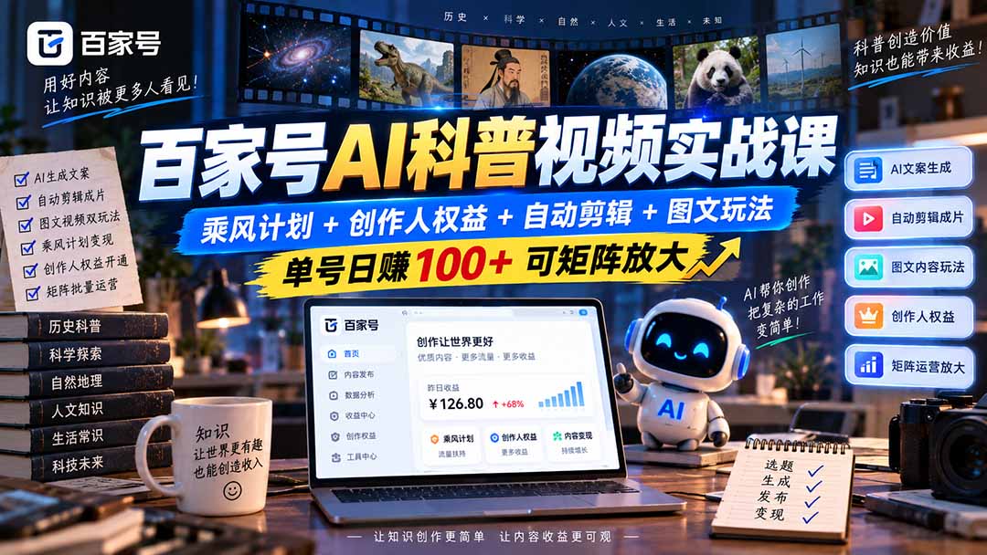 百家号AI科普视频实战课：乘风计划+创作人权益+自动剪辑+图文玩法，单号日赚100+可矩阵放大-小艾项目网