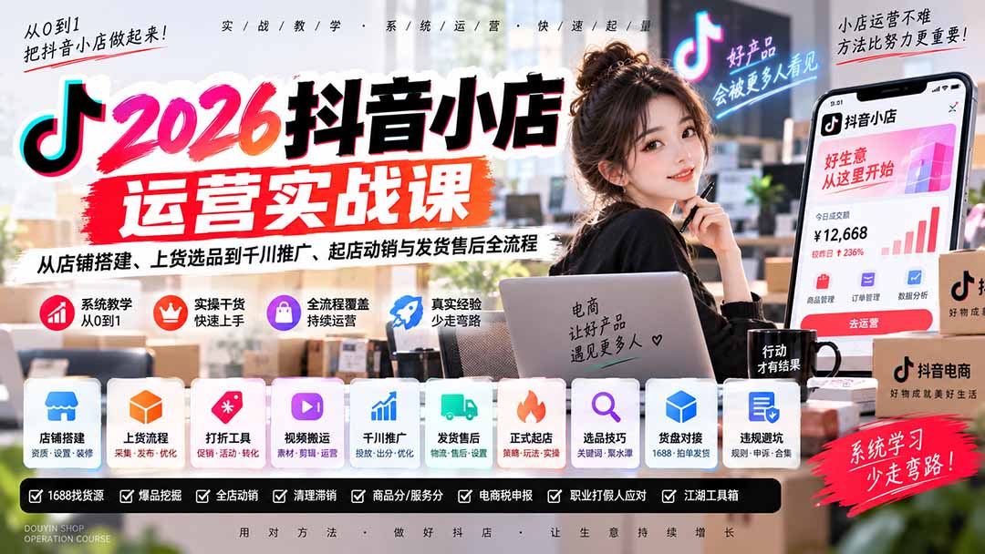 2026抖音小店运营实战课|从店铺搭建、上货选品到千川推广、起店动销与发货售后全流程-小艾项目网