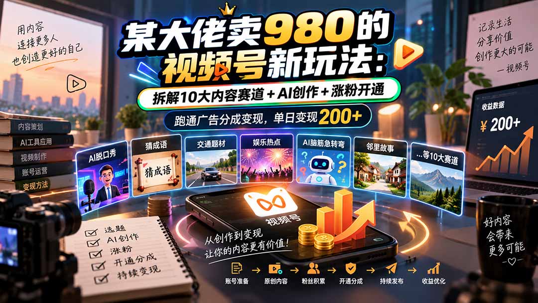 某大佬卖980的视频号新玩法：拆解10大内容赛道+AI创作+涨粉开通，跑通广告分成变现，单日变现200+-小艾项目网