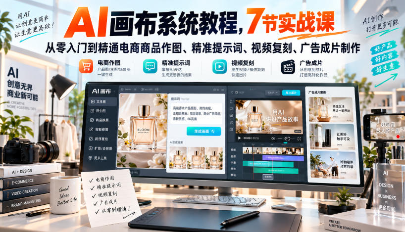 AI画布系统教程,7节实战课从零入门到精通电商商品作图、精准提示词、视频复刻、广告成片制作-小艾项目网