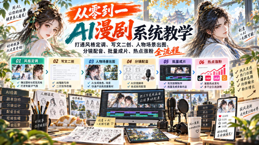 从零到一AI漫剧系统教学,打通风格定调、写文二创、人物场景出图、分镜配音、批量成片、热点涨粉全流程-小艾项目网