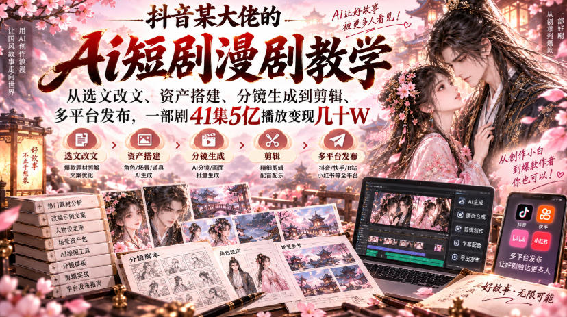 抖音某大佬的Ai短剧漫剧教学,从选文改文、资产搭建、分镜生成到剪辑、多平台发布,一部剧41集5亿播放变现几十W-小艾项目网