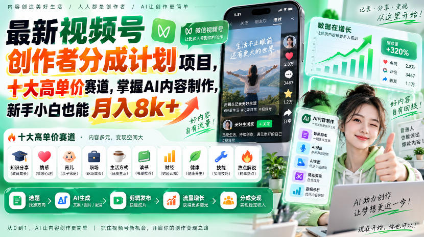 最新视频号创作者分成计划项目,十大高单价赛道,掌握AI内容制作,新手小白也能月入8k+-小艾项目网