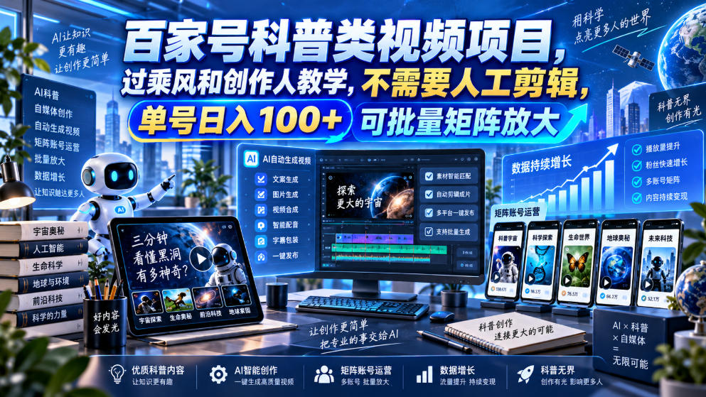百家号科普类视频项目,过乘风和创作人教学,不需要人工剪辑,单号日入100+可批量矩阵放大-小艾项目网