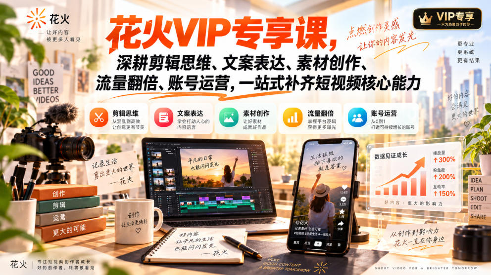 花火VIP专享课,深耕剪辑思维、文案表达、素材创作、流量翻倍、账号运营,一站式补齐短视频核心能力-小艾项目网