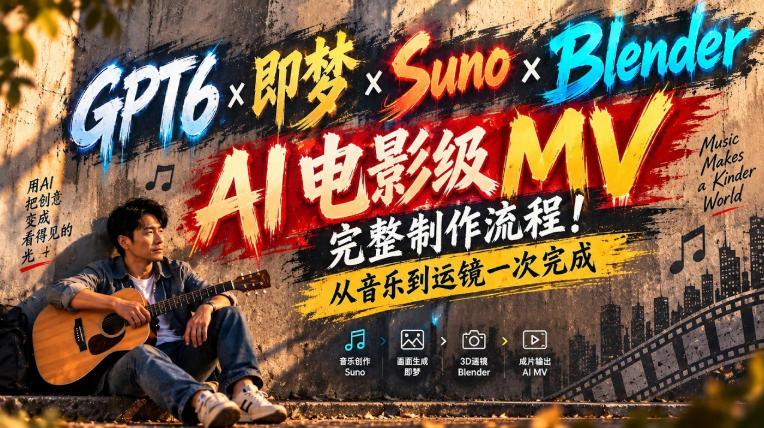 GPT6×即梦×Suno×Blender｜AI电影级MV完整制作流程！从音乐到运镜一次完成！-小艾项目网