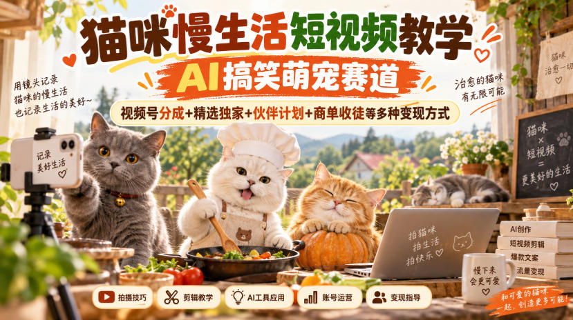 猫咪慢生活短视频教学，AI搞笑萌宠赛道，视频号分成+精选独家+伙伴计划+商单收徒等多种变现方式-小艾项目网