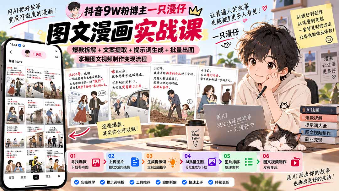 抖音9W粉博主一只漫仔图文漫画课：爆款拆解+文案提取+提示词生成+批量出图，掌握图文视频制作变现流程-小艾项目网