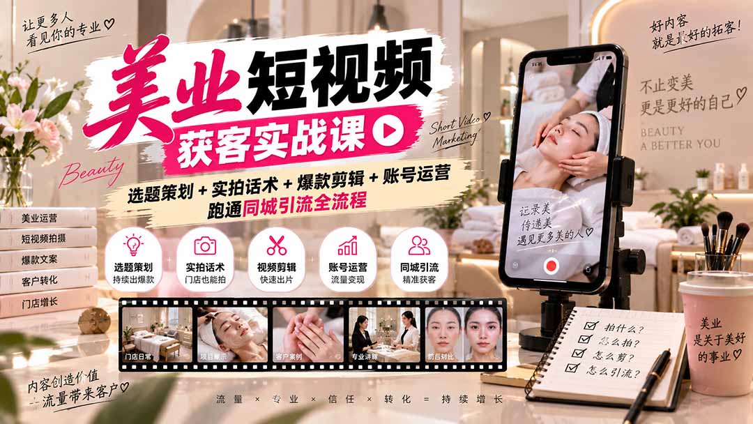 美业短视频获客实战课-无水印：选题策划+实拍话术+爆款剪辑+账号运营，跑通同城引流全流程-小艾项目网