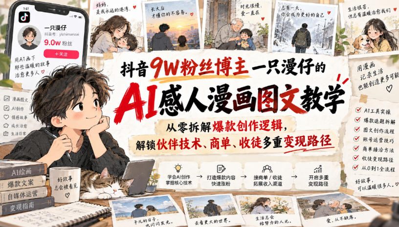 抖音9W粉丝博主一只漫仔的AI感人漫画图文教学,从零拆解爆款创作逻辑,解锁伙伴技术、商单、收徒多重变现路径-小艾项目网
