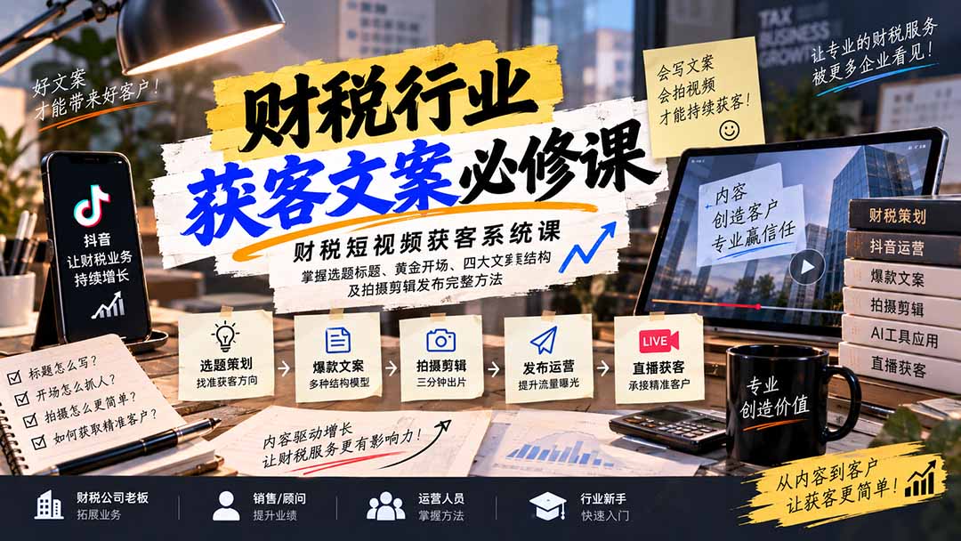财税短视频获客系统课:掌握选题标题、黄金开场、四大文案结构及拍摄剪辑发布完整方法-小艾项目网