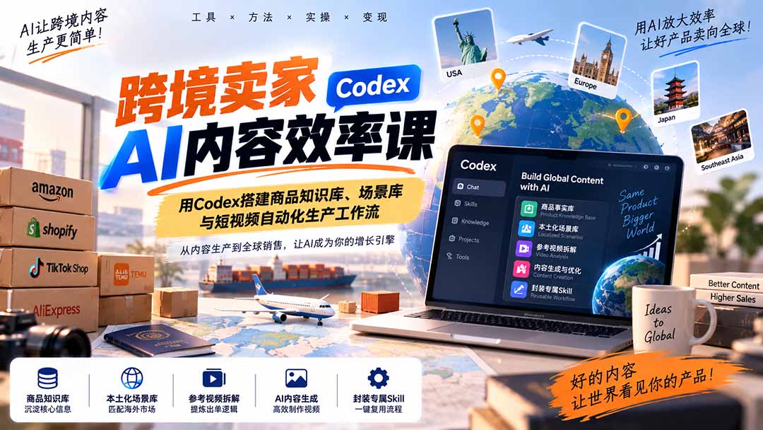 跨境卖家AI内容效率课:用Codex搭建商品知识库、场景库与短视频自动化生产工作流-小艾项目网