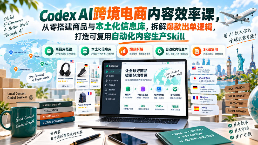 Codex AI跨境电商内容效率课,从零搭建商品与本土化信息库,拆解爆款出单逻辑,打造可复用自动化内容生产Skill-小艾项目网