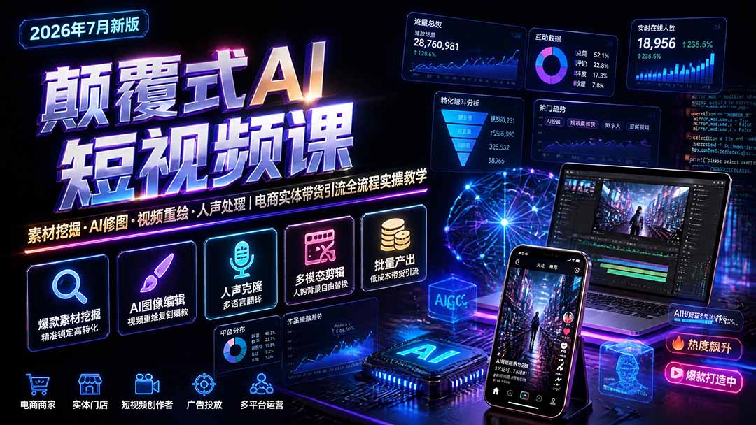 颠覆式AI短视频课-更新｜素材挖掘，AI修图，视频重绘，人声处理｜电商实体带货引流全流程实操教学-小艾项目网