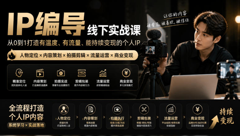 【无水印】IP编导线下实战课，从人物定位到短视频拍摄剪辑，全流程打造有温度、有流量、能持续变现的个人IP内容-小艾项目网