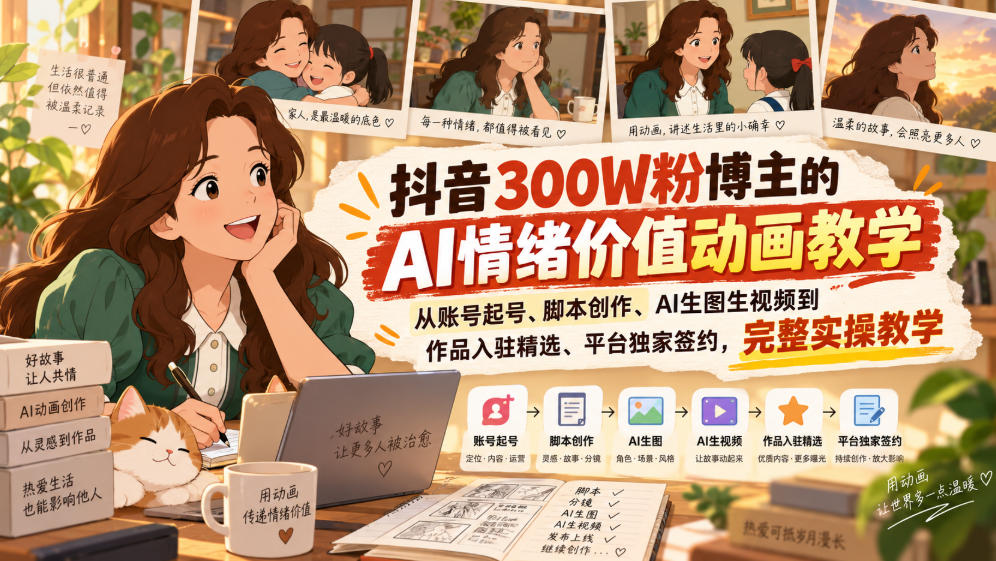 抖音300W粉博主的AI情绪价值动画教学,从账号起号、脚本创作、AI生图生视频到作品入驻精选、平台独家签约,完整实操-小艾项目网