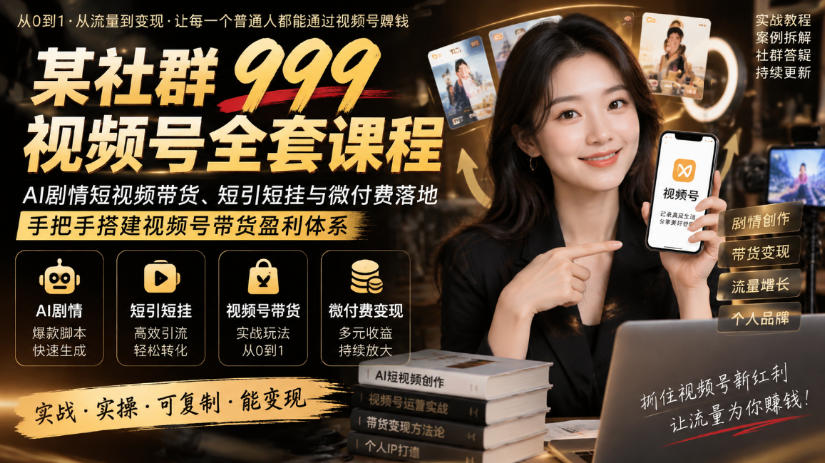 某社群999视频号全套课程，AI剧情短视频带货、短引短挂与微付费落地，手把手搭建视频号带货盈利体系-小艾项目网