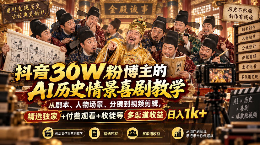 抖音30W粉博主的AI历史情景喜剧教学，从剧本、人物场景、分镜到视频剪辑，精选独家+付费观看+收徒等多渠道收益日入1k+-小艾项目网