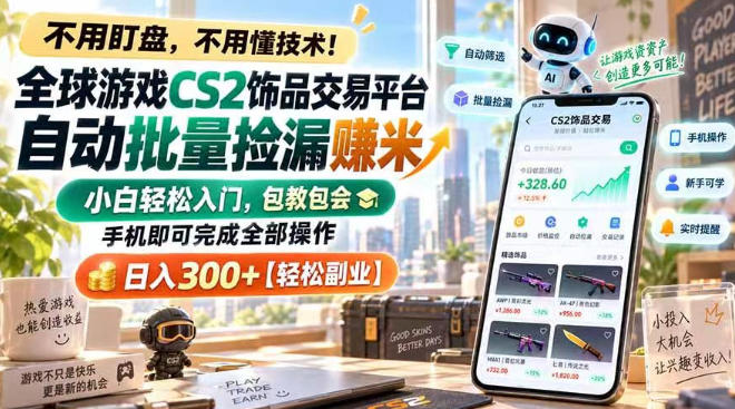 全球游戏CS2饰品交易平台自动批量捡漏賺米，小白轻松入门，包教包会，手机即可完成全部操作，日入300+【揭秘】-小艾项目网