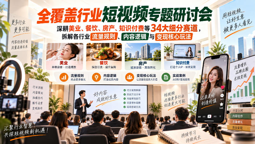 短视频专题研讨会,深耕美业、餐饮、房产、知识付费等34大细分赛道,拆解各行业流量规则、内容逻辑与变现核心玩法-小艾项目网