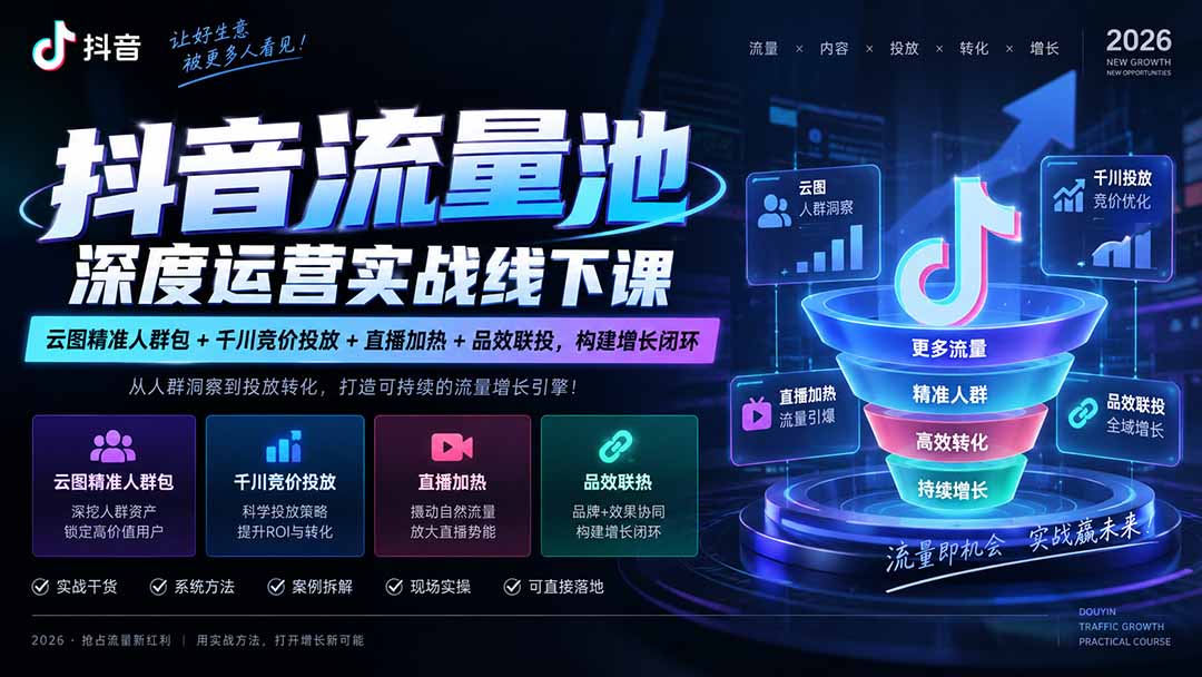 抖音流量池深度运营实战线下课|云图精准人群包+千川竞价投放+直播加热+品效联投,构建增长闭环-小艾项目网
