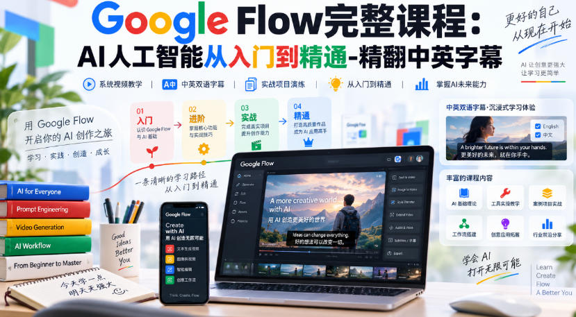【无水印】Google Flow完整课程:AI人工智能从入门到精通-精翻中英字幕-小艾项目网