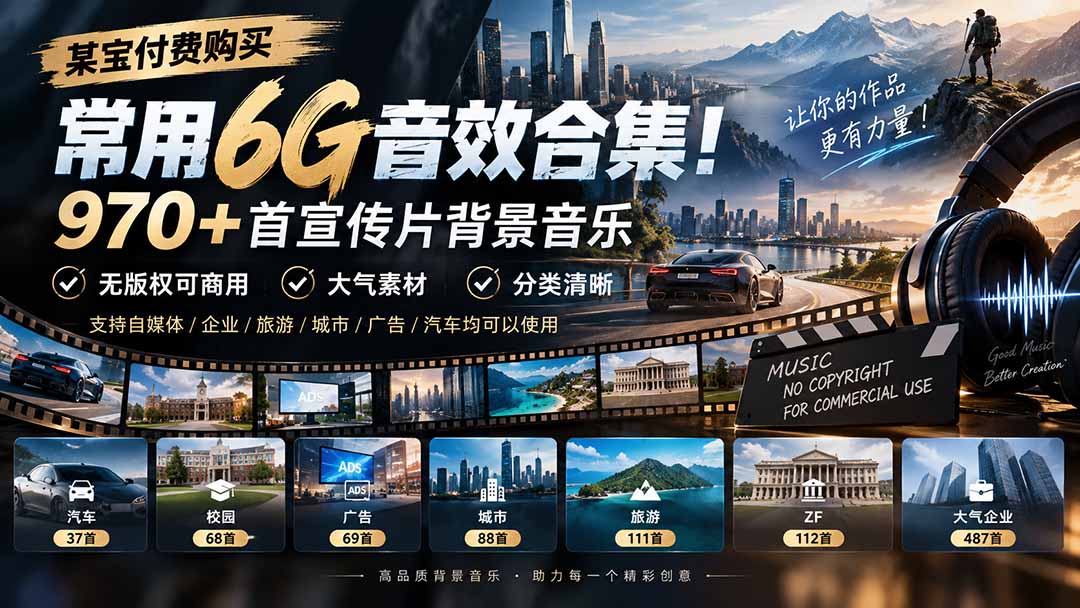某宝付费购买,常用6G音效合集!970+首宣传片背景音乐,无版权可商用大气素材,分类清晰-小艾项目网