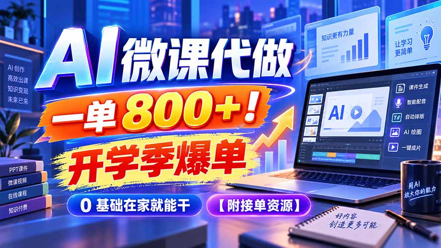 AI 微课代做，一单 800+！开学季爆单，0 基础在家就能干【附接单资源】-小艾项目网