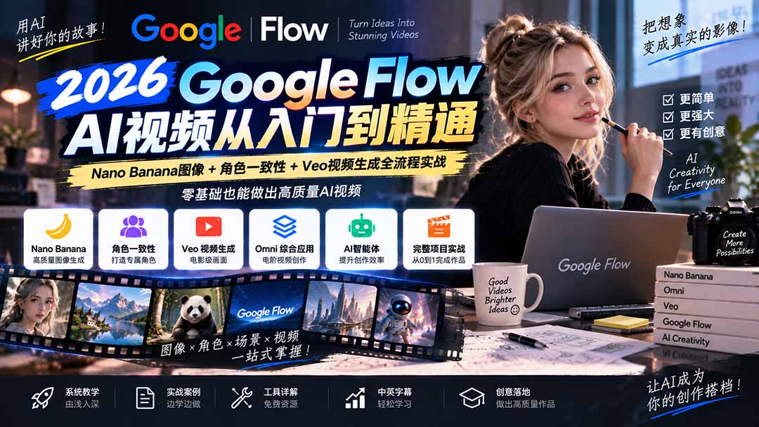 【无水印】Google Flow AI视频从入门到精通：Nano Banana图像+角色一致性+Veo视频生成全流程实战-精翻中英字幕-小艾项目网