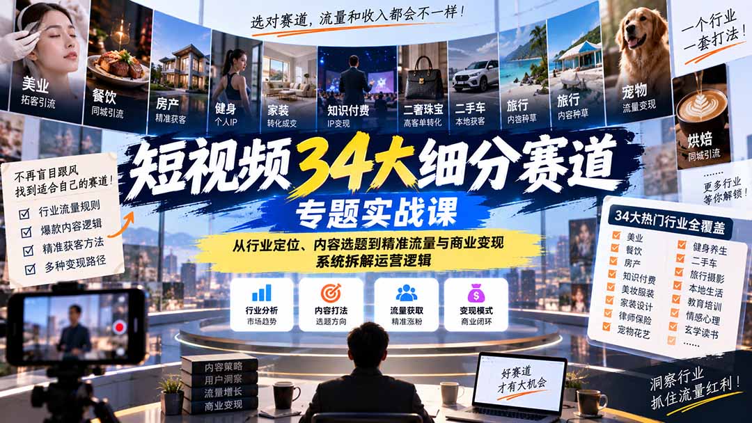 短视频34大细分赛道专题实战课：从行业定位、内容选题到精准流量与商业变现，系统拆解运营逻辑-小艾项目网