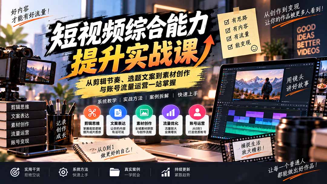 短视频综合能力提升实战课：从剪辑节奏、选题文案到素材创作与账号流量运营一站掌握-小艾项目网