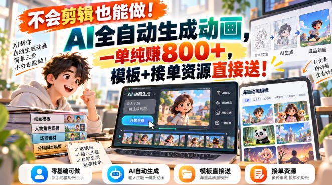 不会剪辑也能做！AI全自动生成动画，一单纯賺800+，模板+接单资源直接送！【揭秘】-小艾项目网