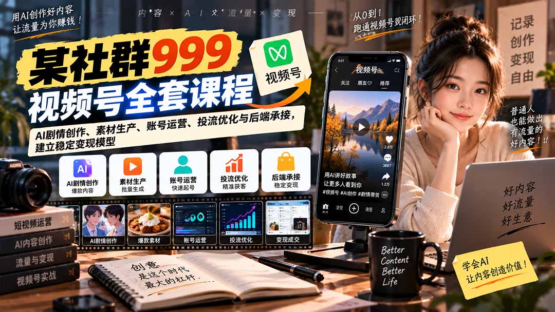 【无水印】某社群999视频号全套课程:AI剧情创作、素材生产、账号运营、投流优化与后端承接,建立稳定变现模型-小艾项目网