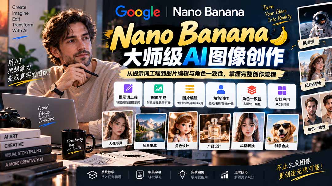 【无水印】Nano Banana大师级AI图像实战课：从提示词工程到图片编辑与角色一致性，掌握完整创作流程-小艾项目网
