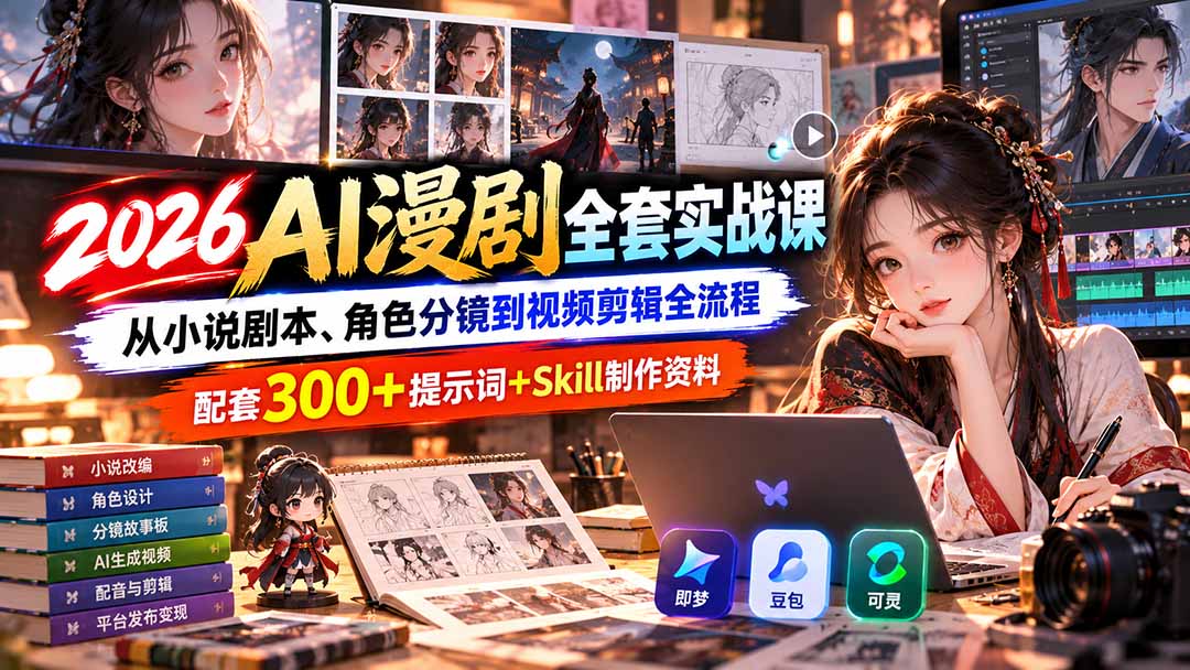 【无水印】2026AI漫剧全套实战课:从小说剧本、角色分镜到视频剪辑全流程,配套300+提示词+Skill制作资料-小艾项目网