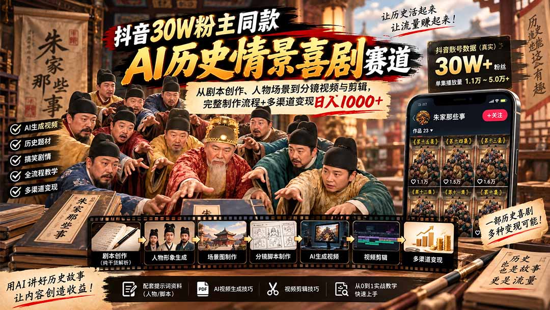 抖音30W粉博主同款AI历史情景喜剧赛道：从剧本创作、人物场景到分镜视频与剪辑，完整制作流程+多渠道变现日入1000+-小艾项目网