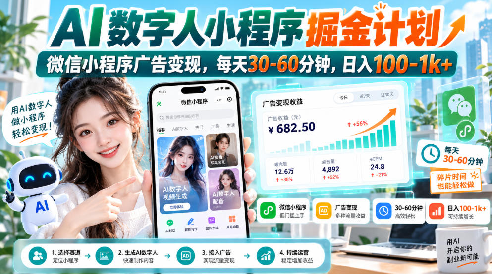 【无水印】AI数字人小程序掘金计划,微信小程序广告变现,每天30‑60分钟,日入100‑1k+-小艾项目网
