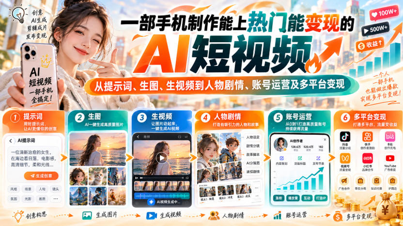 【无水印】一部手机制作能上热门能变现的AI短视频，从提示词、生图、生视频到人物剧情、账号运营及多平台变现-小艾项目网